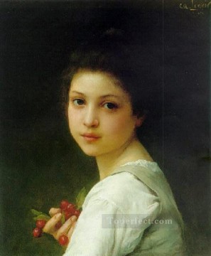 サクランボを持つ若い女の子の肖像画 リアルな少女のポートレート Charles Amable Lenoir Oil Paintings
